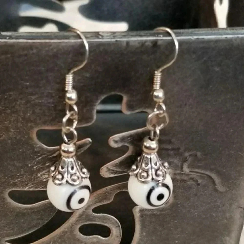 Evil Eye White Glass Talisman Earrings